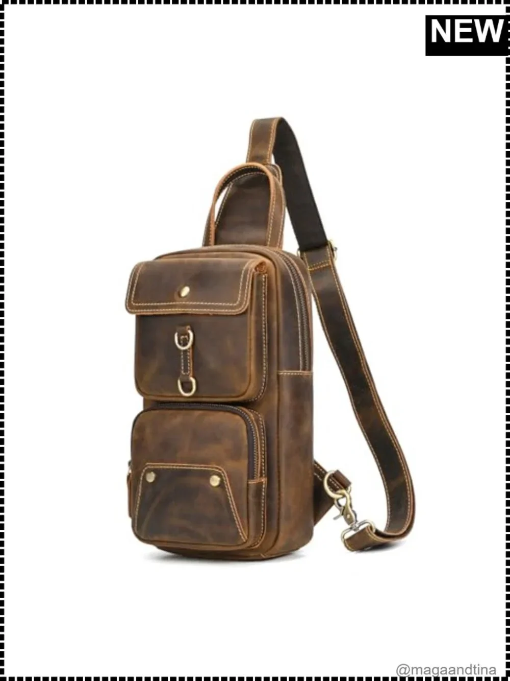 Full Grain Crazy Horse Leather Men's Sling Bag Crossbody Chest Bag Travel